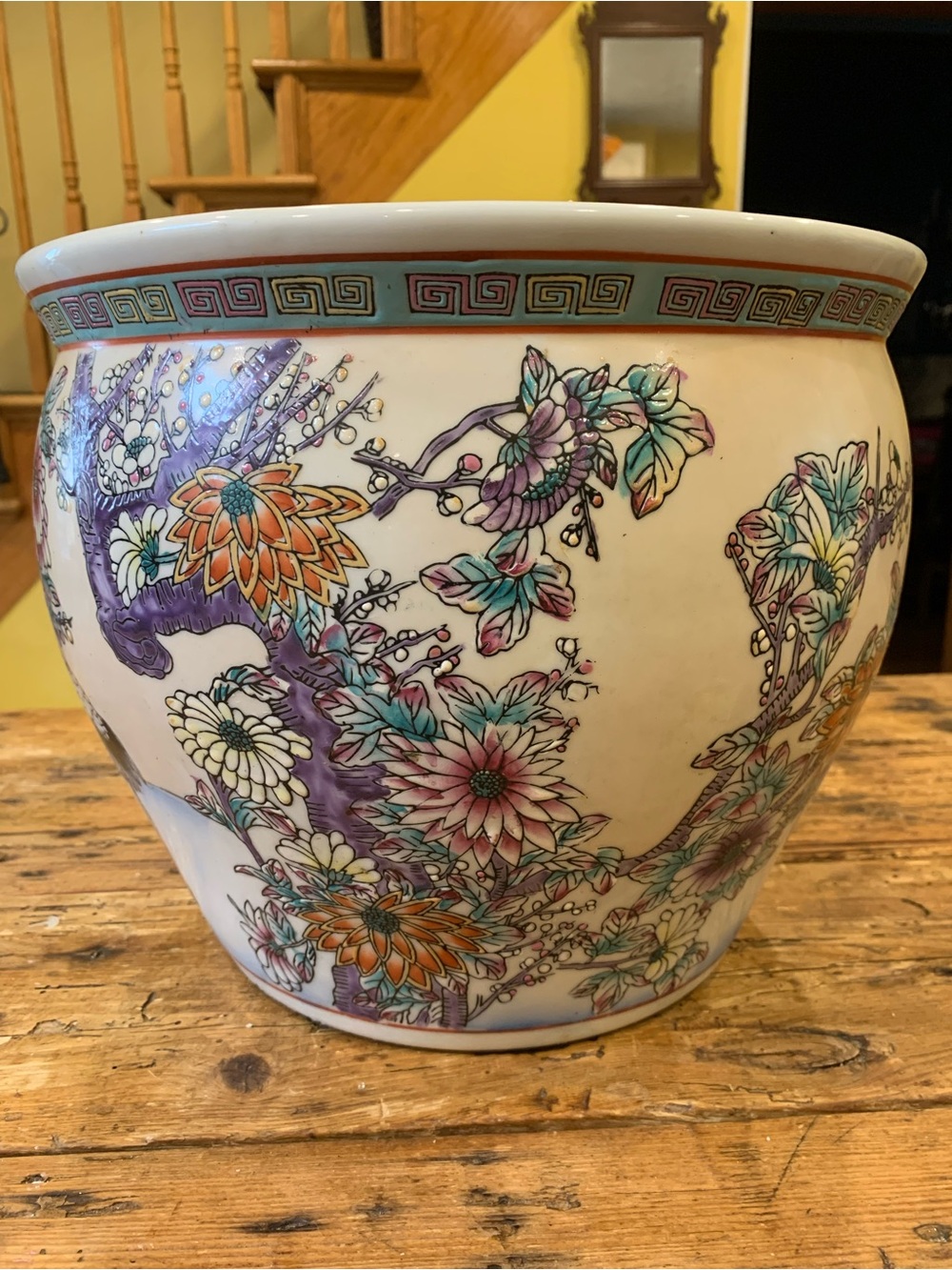 Mid-century Chinese Export Colorful Hand Painted Fish Bowl Planter Cachepot LG